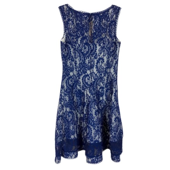 Womens Size XS Tadashi Shoji Blue Corded Lace Spacer Mesh Fit and Flare Dress - Picture 7 of 8